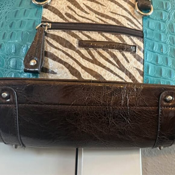 Teal and Brown Croco Embossed Animal Pattern Leather MC Medium Shoulder Handbag - Picture 10 of 10